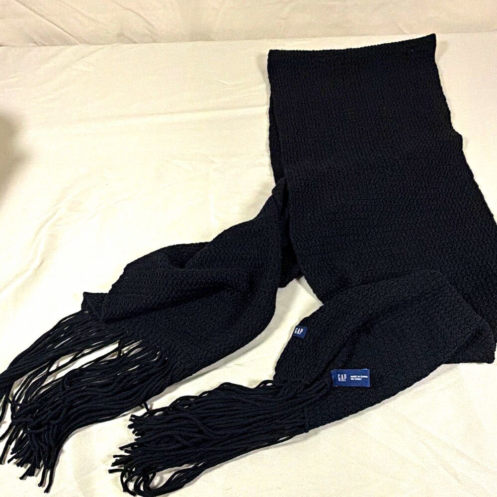 Vintage GAP Black Knit Scarf Fringe Snowflake Logo Y2K 100% Acrylic